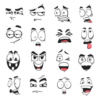 Yüz ifadesi izole edilmiş vektör simgeleri, komik çizgi film emojisi şüpheli, korkmuş ve şok olmuş, sırıtan, sırıtan ya da çılgın. Yüz ifadeleri gülümser, güler ve bağırır, şaşırır, şaşar ve üzgün ifadeler kullanır.