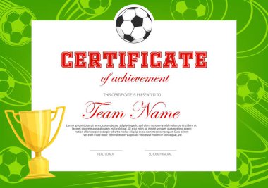 Futbol maçında başarı sertifikası. Futbolcu diploması, top ve altın kadehli vektör şablonu. Spor takımı sınır tasarımı ödülü, futbol turnuvasına katılım diploması