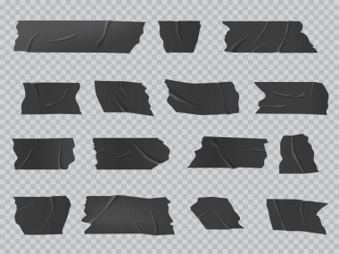 Koli bandı, izole edilmiş vektör siyah yapışkan buruşuk viski şeritleri tamir, tamir ya da paketleme için yapışkan bant parçaları. Gerçekçi 3d yalıtıcı alçı veya kağıt kesim yamaları seti