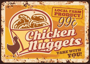 Tavuk külçeleri paslı metal tabaklar, vektör siparişi kızarmış tavuk eti, yerel tarım ürünü vintage konserve levhası. Lezzetli fast food retro poster, fast food sokak kafesi için fahiş fiyat etiketi