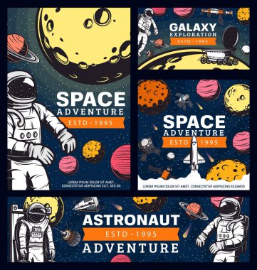 Astronot uzay macerası, dış uzayda kozmonot retro vektör bayrakları. Uzay giysisi içindeki uzay adamı gökyüzünde gezegenler, uydular ve mekiklerle uçuyor. Evren keşfi, ay gezgini