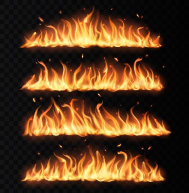 Fire tongues, long burning realistic vector flame with particles, flying sparks and embers. Burning blaze effect, glowing shining flare border, isolated 3d fire design element on black background, set clipart
