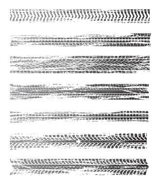 Tire prints, grunge offroad car tyres track, isolated vector marks. Bike race, vehicle, transportation dirty wheels trace. Rubber tires , automobile or bicycle drag. Monochrome graphic prints set clipart