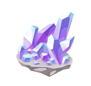Sihirli kristal, leylak taşı taşıyıcı ikonu. Mineral menekşe taşı, izole kristal değerli taş chrysoberyl, Alexandrite veya quartz. Mücevher değerli mineraloji sembolü. Çizgi film yarı değerli ametist.