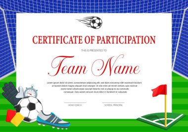 Futbol turnuvasına katılım sertifikası. Futbol kulübü diploma vektör şablonu. Spor ödüllü sınır tasarımı, top, ayakkabı, eldiven ve kapı, sarı ve kırmızı kartlı. Spor başarısı