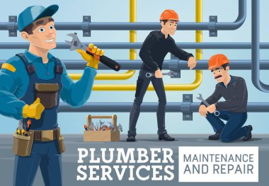 Tesisat bakım ve onarım işleri. Tesisatçılar somunları ingiliz anahtarıyla sıkıyor, su boru hattı döşeyen işçiler ayarlanabilir anahtarlı tamirci su sızıntısı vektörünü tamir ediyor.