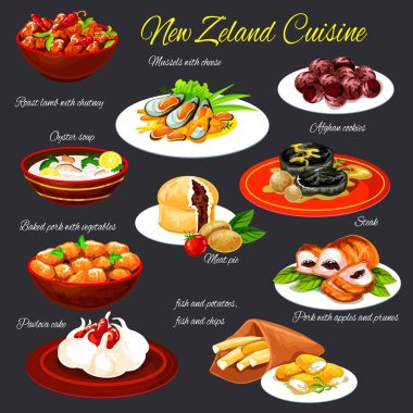 Yeni Zelanda mutfağı yemekleri, deniz ürünleri yemekleri ve tatlı tatlılar vektörleri. Peynirli midye, biftek ve Pavlova keki, patates kızartmalı balık, baharatlı kuzu eti, etli turta, sebzeli fırında domuz eti.