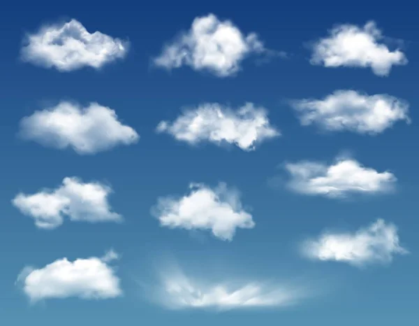 青空や天の背景に現実的な雲 ベクトルホワイトソフトとふわふわの細片や積雲飛行雲 天候や自然隔離された3Dデザイン要素 気候をテーマにしたセット — ストックベクタ