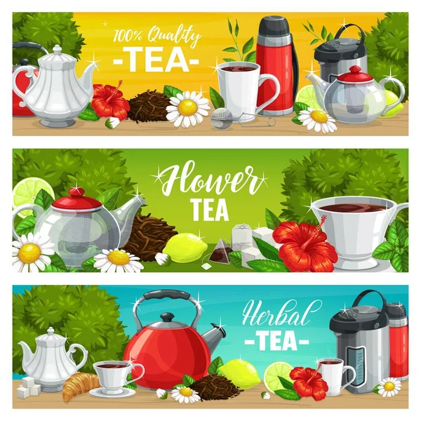 草本植物和花茶病媒横幅 用茶壶煮红茶和绿茶 含有健康天然芙蓉 柠檬和洋甘菊 薄荷和梅丽莎及羊角面包和糖块香味的茶饮料 — 图库矢量图片