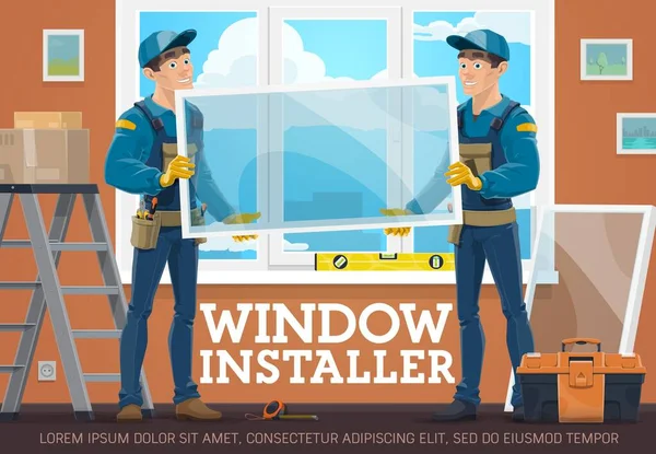 Windows Installateurs Service Vector Banner Bouwvakkers Met Glas Meetframe Installatie — Stockvector