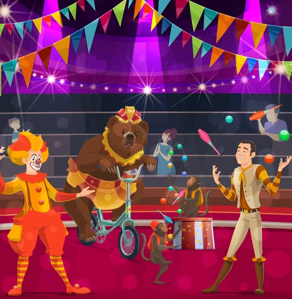 Circus Performers Vector Poster Clown Bear Bike Tamer Juggling Monkeys — Stock Vector
