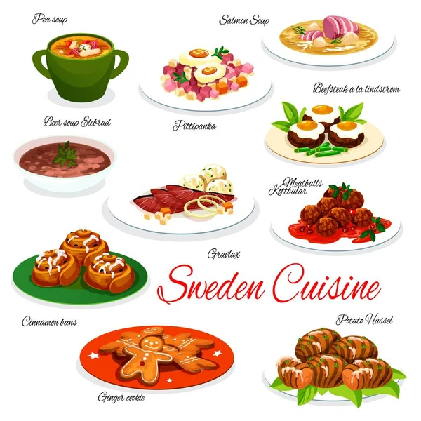 Σουηδική Κουζίνα Γεύματα Σκανδιναβικά Πιάτα Τροφίμων Διάνυσμα Σούπα Μπιζελιού Σολομού — Διανυσματικό Αρχείο