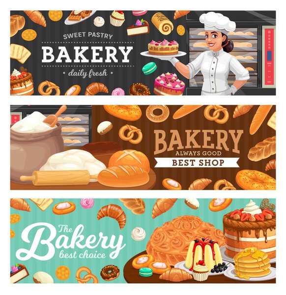 Bakery shop food and baker in toque carton vector. Woman in chef toque, female baker holding cake on plate, sweet pastry and bread, wheat flour and dough, rolling pin, stove. Confectionery banners