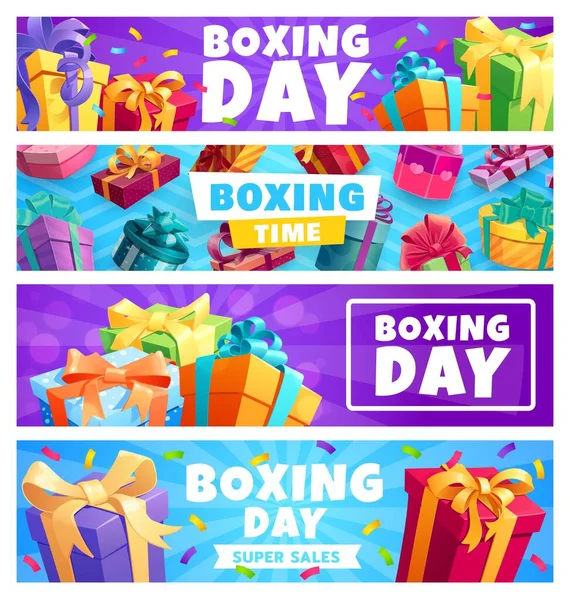 Boxing Day Presents Vector Gift Boxes Ribbons Confetti Vibrant Background — Stock Vector