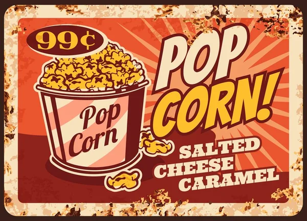 Popcorn Rostige Metallplatte Vektor Eimer Voll Leckeres Popcorn Mit Salzkäse — Stockvektor