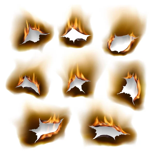 Burnt paper holes in fire, realistic burn orifice with charred edges isolated vector objects, 3d flame on white sheet. Burned paper page with abstract holes in flames, torn borders, ripped frames set — Stock Illustration Burnt Paper Holes Fire Realistic Burn Orifice Charred Edges Isolated Royalty Free Stock Vectors