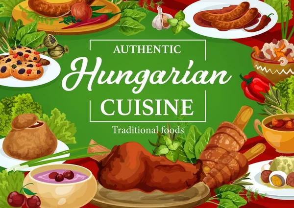 Hungariancuisine restaurant menu cover, vector sausages with spicy sauce and onion, salad with egg, vegetable stew, braised cabbage. Sweet cookies with dried fruits, soup in bread with spices — Stock Illustration Hungariancuisine Restaurant Menu Cover Vector Sausages Spicy Sauce Onion Salad Royalty Free Stock Illustrations