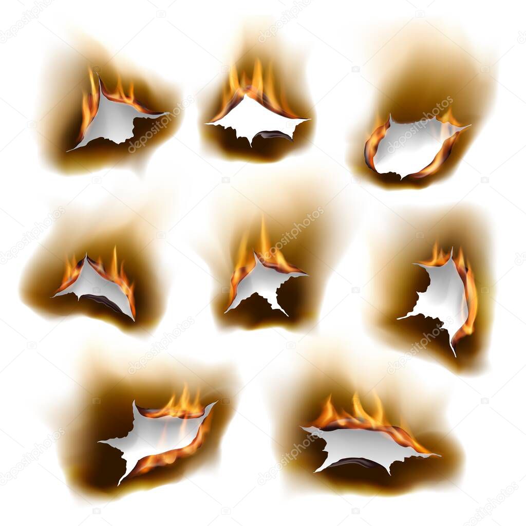 Burnt paper holes in fire, realistic burn orifice with charred edges isolated vector objects, 3d flame on white sheet. Burned paper page with abstract holes in flames, torn borders, ripped frames set