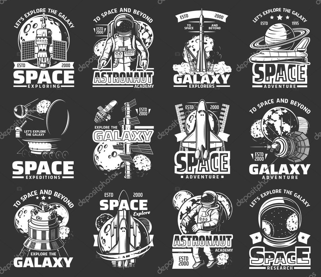 Outer space explore monochrome vector icons. Universe expedition galaxy adventure. Astronaut, space shuttle and satellites cosmos research. Explorers and alien planet colonization mission retro labels