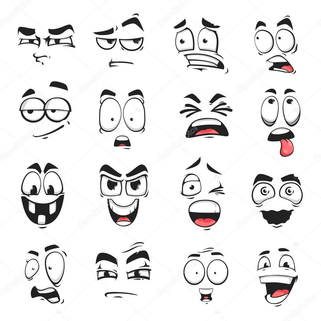 Face expression isolated vector icons, cartoon funny emoji suspicious, scared and shocked, grin, smirk or crazy. Facial feelings smile, laughing and yelling, surprised, squint and upset emoticons set