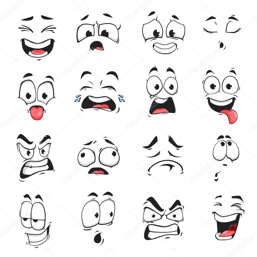 Face expression isolated vector icons, funny cartoon emoji exhausted, crying and crazy, angry, laughing and sad. Facial feelings, emoticons upset, happy and show tongue. Cute face expressions set