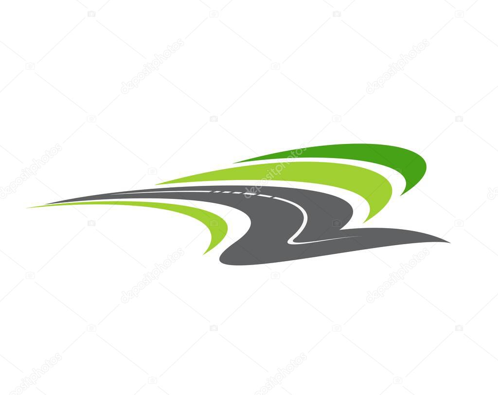 Highway road, pathway isolated vector icon. City highway curve road disappearing into the distance, travel or transportation service emblem design. Driveway cartoon symbol, traffic sign, direction