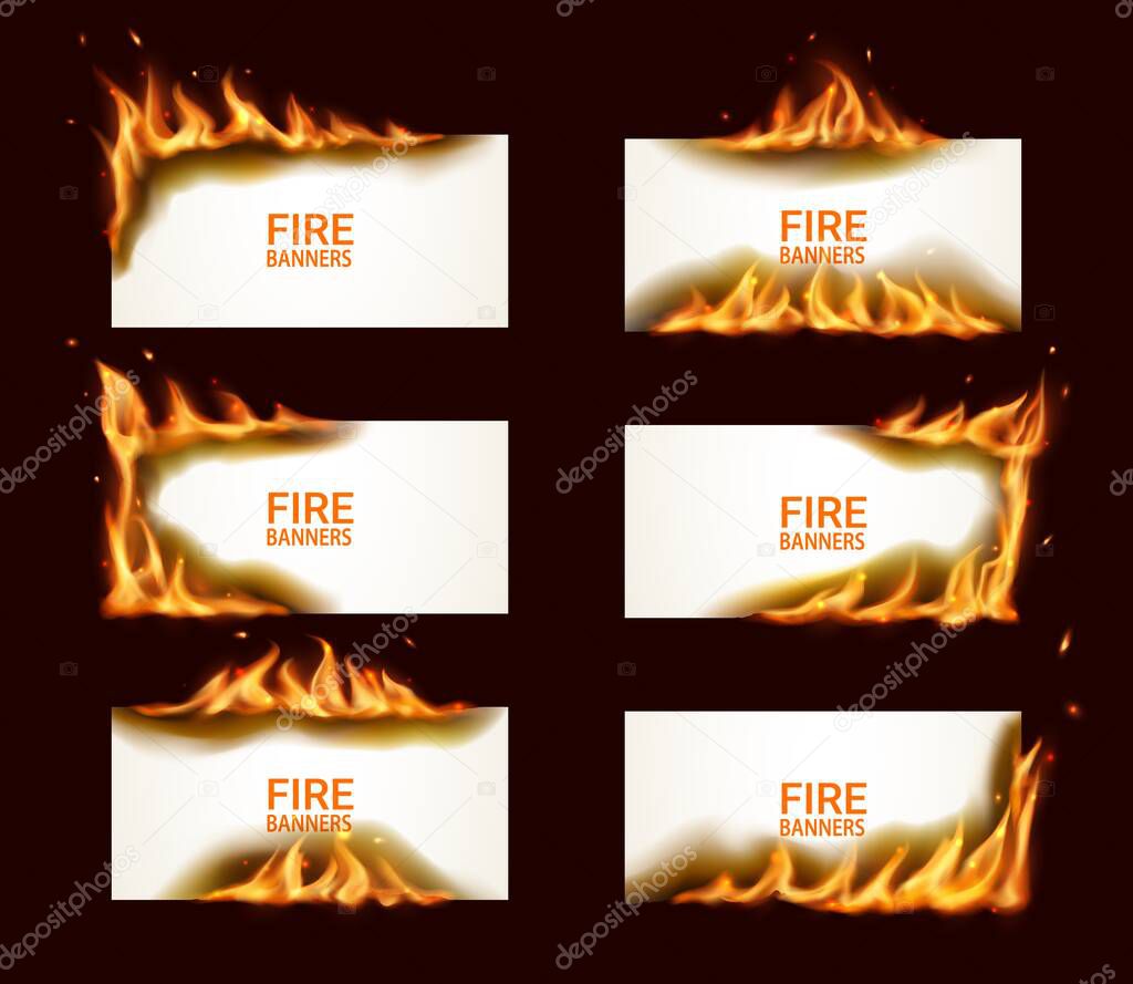 Fire banners, burning paper, vector horizontal pages with flame and sparks. conflagrant cards template for advertising, Realistic 3d flaming frames. Isolated white burning smoldering paper sheets set