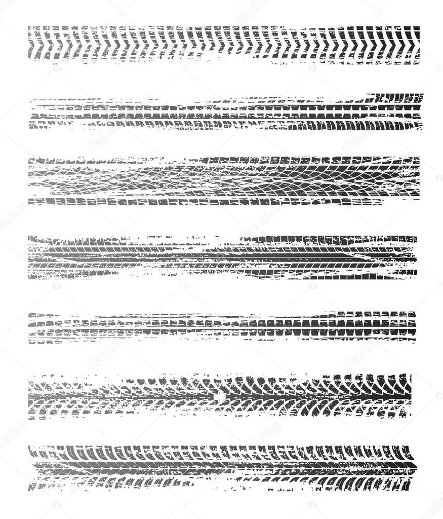 Tire prints, grunge offroad car tyres track, isolated vector marks. Bike race, vehicle, transportation dirty wheels trace. Rubber tires , automobile or bicycle drag. Monochrome graphic prints set