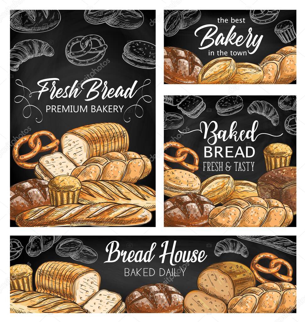 Bakery fresh bread sketch vector banners. Baguette and bloomer loaf, wheat, rye cob or boule, vienna and pullman sandwich bread, hamburger bun and pretzel, croissant chalk sketches on blackboard