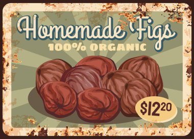 İncirler, paslı metal tabaklar, tatlı gıda fiyatları, tarım piyasası tabelası, taşıyıcı vintage poster. Doğal organik kurutulmuş ya da taze ev yapımı incir meyveleri paslı metal plaka.