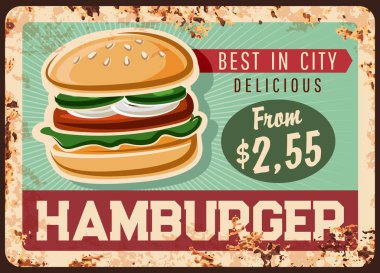 Hamburger paslı metal plaka. Fast food hazır yemek retro afişi. Pis, klasik tipografi ve pas desenli. Sokak kahvesi burger, ekmekli sandviç, et, peynir ve salata vektörü.
