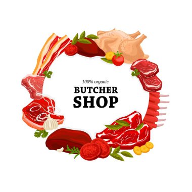 Kasaptaki çiğ et bayrağı. Domuz kaburgası, dana biftek ve fileminyon, tavuk veya hindi eti, ciğer ve pastırma şeritleri, kuzu eti, göbek ve sığır eti, baharatlar ve aromatik bitki vektörü.