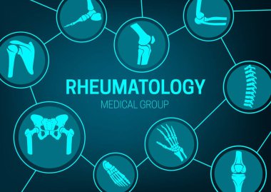 Rheumatology medicine, joint diseases treatment and x-ray banner. Human body skeleton parts, limbs and spine bones, pelvis and hip socket, foot, wrist and elbow, knee and shoulder joint vector clipart