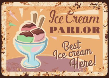 Metal bardak vektör paslı metal tabakta dondurma, meyveli dondurma pembe ve çikolata soslu yeşil kepçe topları oturma odasındaki paslı teneke tabakta duruyor. Icecream tatlı ferruginous retro poster
