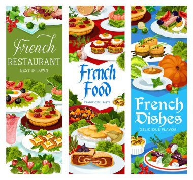 French food, France cuisine vector dishes bacon wrapped liver plate. Tuna salad with tomato, olives and eggs, pumpkin soup and salmon tartare, duck salad, strawberry cream dessert meals, banners set clipart