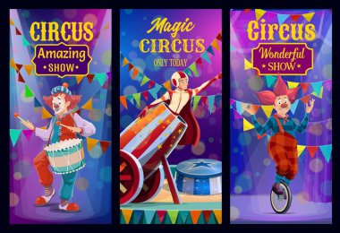 Circus show, big top performers vector banners. Artists on big top tent circus arena magic performance. Clown riding monowheel bike, funnyman drumming and man cannonball perform danger trick on scene clipart