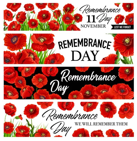 11月11日記念の日のバナーケシの花で設定します オーストラリア カナダ イギリスの退役軍人 Anzac日の連邦休戦記念のための赤いポピーでベクトルグリーティングカードのデザイン — ストックベクタ