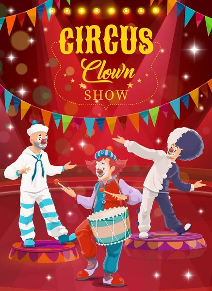 Palhaços Circo Panfleto Vetorial Cartoon Artistas Engraçados Grande Arena Topo — Vetor de Stock