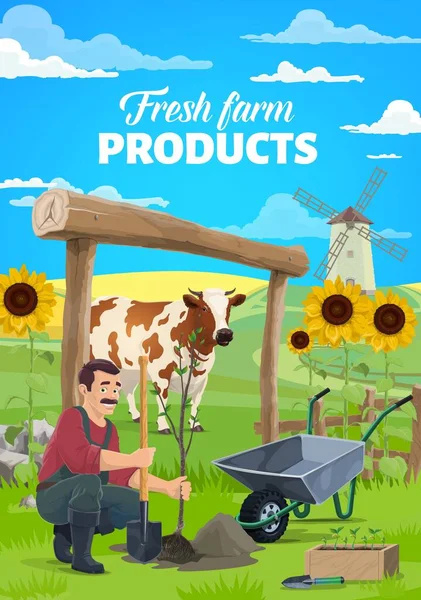 Farmář Pracující Poli Rostlinný Strom Farmářská Kráva Louce Pole Větrný — Stockový vektor