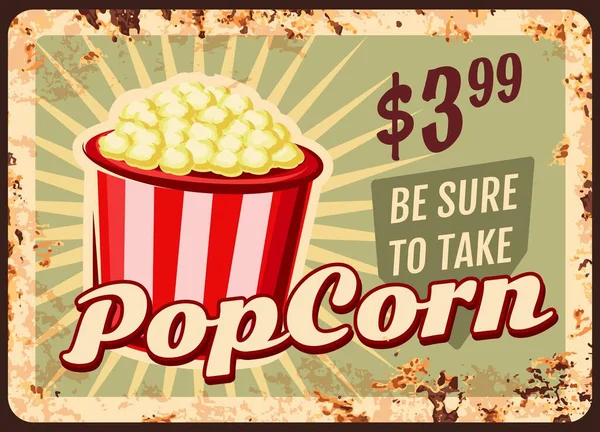 Popcorn Rostige Metallplatte Vektor Eimer Voller Leckerer Popcorn Vintage Rost — Stockvektor