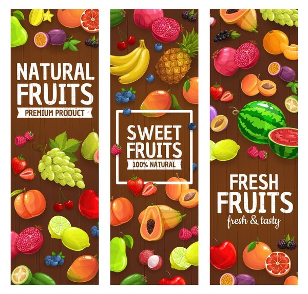 Natural Farm Fruits Berries Banners Grape Lemon Pomegranate Feijoa Papaya — Stock Vector