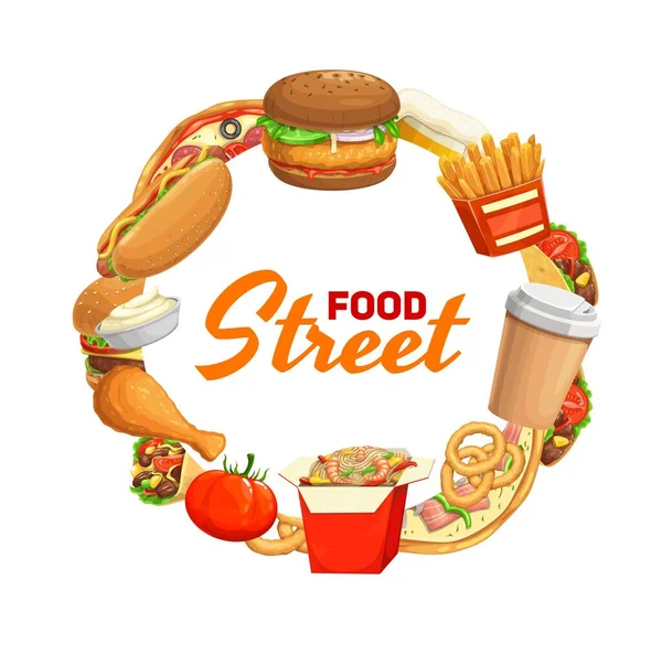 Fast Food Meals Frame Street Cafe Food Snacks Banner Hamburger — Stock Vector