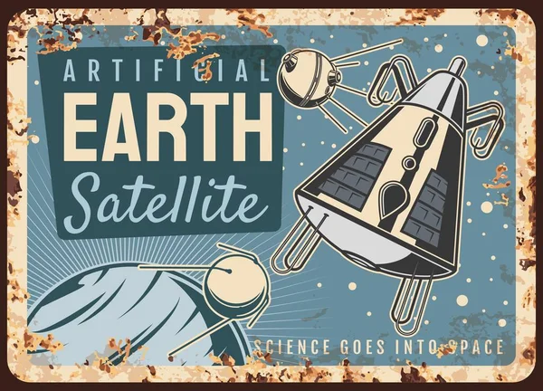 Satellieten Vector Roestige Metalen Plaat Kunstmatige Sputniks Vliegen Aarde Buitenaardse — Stockvector