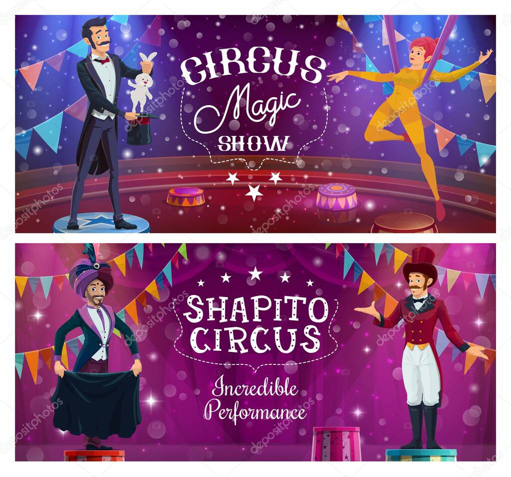 Circus performers, big top show with ringmaster, illusionist, aerial gymnast and magician on arena. Vector circus artists perform tricks. Magic show, carnival amusement entertainment cartoon banners
