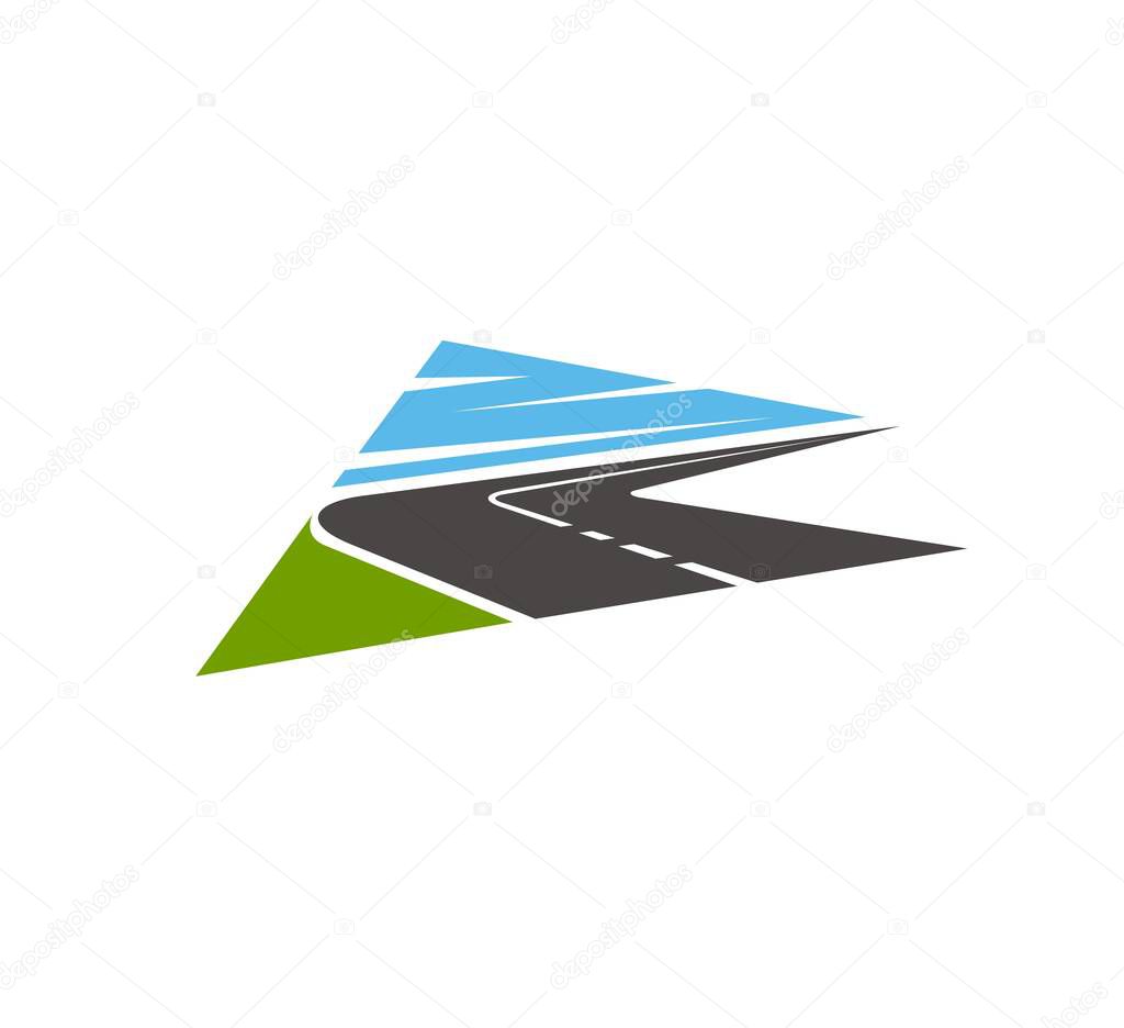 Highway, road isolated vector pathway icon. Two lane curve asphalt speedway with green field and blue sky turn and going into the distance. Direction and navigation sign for map, driveway symbol