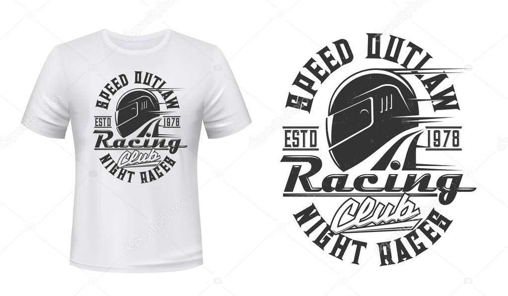 Racing driver helmet t-shirt vector print. Car rally or motorcycle race protective, safety helmet retro illustration and typography. Automobile or motorbike racing club clothing custom print template