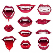 Vampirmünder und Vampirzähne Vektor-Set von Halloween-Horror-Feiertagsmonstern. Sexy weibliche Lippen mit Reißzähnen, Bluttropfen und Zungen, rotem Lippenstift, offenen Mündern und einem Lächeln von Hexen oder Tierwesen