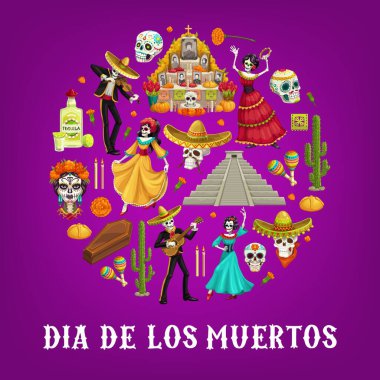 Şeker kafatasları ve Meksika Dia de los Muertos kadife çiçekleriyle dolu Ölüm Çemberi Günü. Gitarlı iskeletler, sombrero ve marakas, kaktüs tekila, sunak ve mumlar, tabut ve piramit