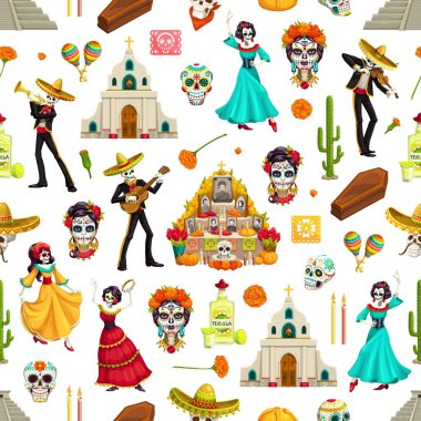 Ölü şeker kafatasları, kadife çiçekleri ve dikişsiz sombreroların günü. Dia de los Muertos Mariachi ve flamenko dansçılarının iskeletleri gitar, sunak ve kiliseler, marakas ve tekila