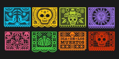 Kağıt bayraklar, vektör Mexico Day of the Dead papel picado Bunting. Meksika Dia de los Muertos ya da cadılar bayramı çelengi iskelet kafatası, sombrero, kadife çiçeği ve kuş süslemeleri